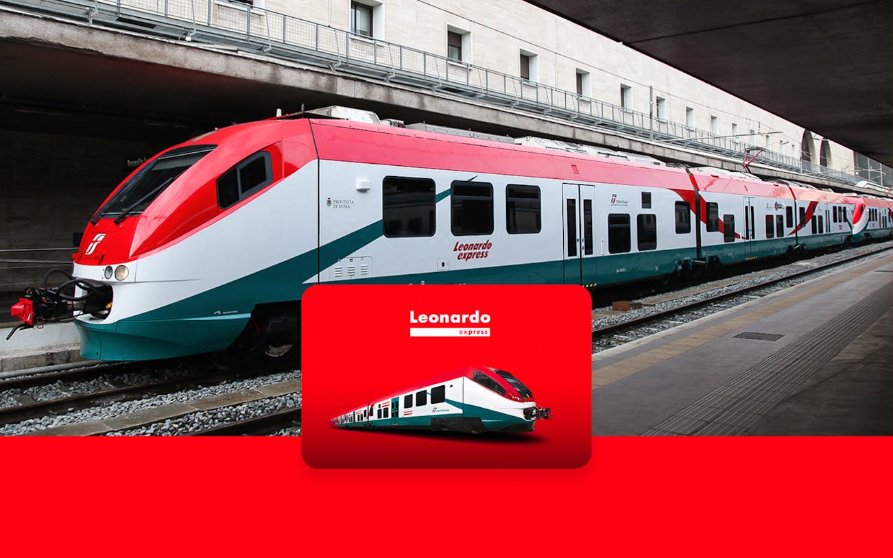 Leonardo Express train at Fiumicino Airport platform for Rome Termini transfer.