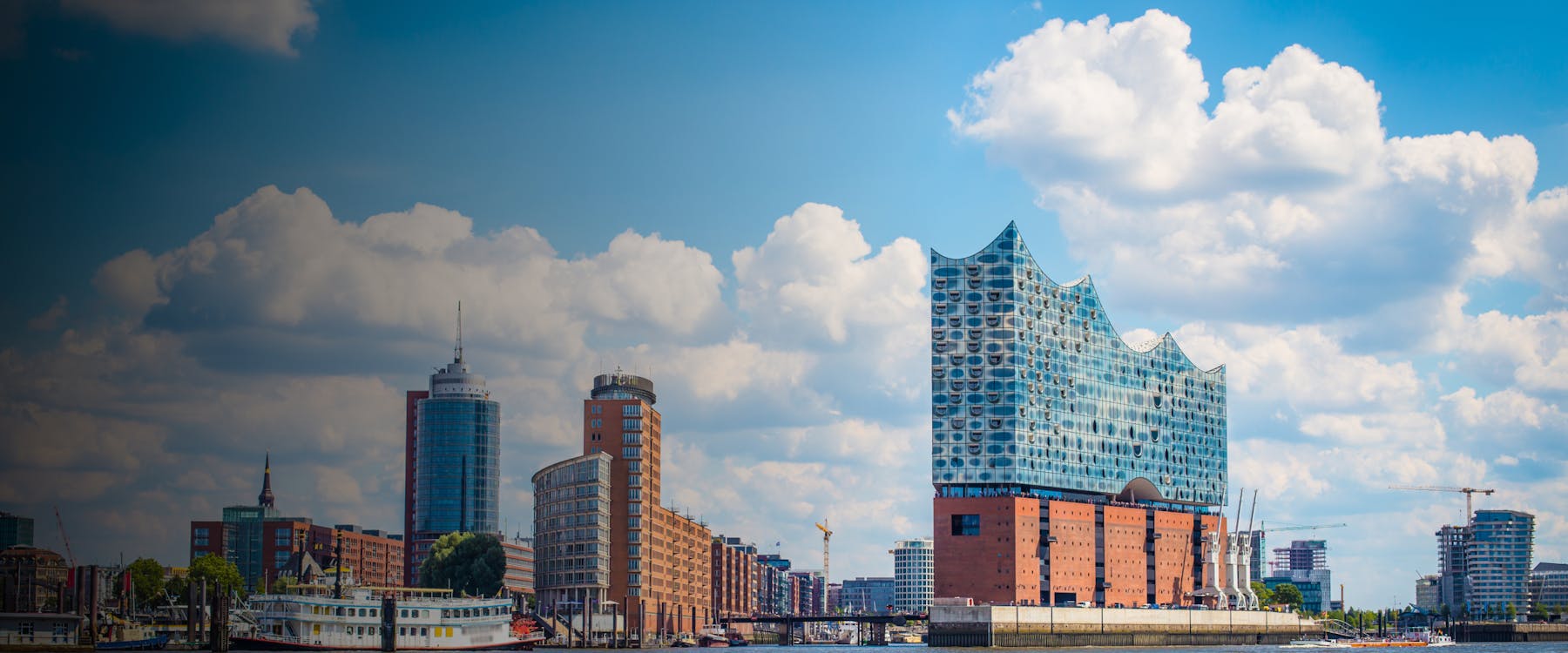Elbphilharmonie concert hall and cityscape in Hamburg, Germany.