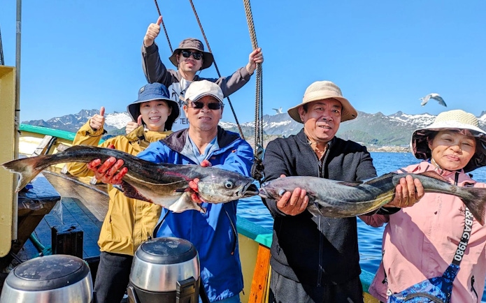 Guests holding pollock on a fishing boat cruise in Lofoten, with mountains in the background.