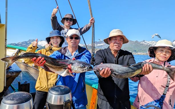 Guests holding pollock on a fishing boat cruise in Lofoten, with mountains in the background.