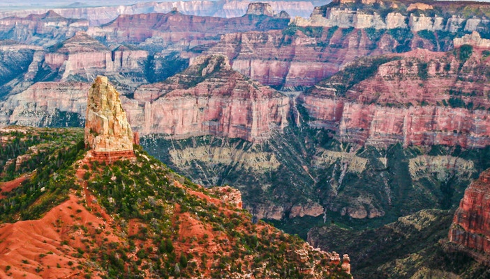 Point Imperial view of the Grand Canyon's North Rim, showcasing rugged cliffs and expansive canyon vistas, Arizona, USA.