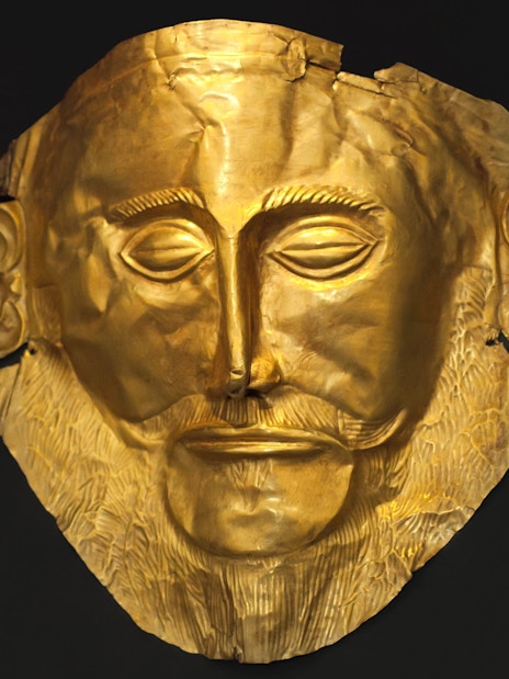 Gold Mask of Agamemnon, ancient Mycenaean artifact, Greece.