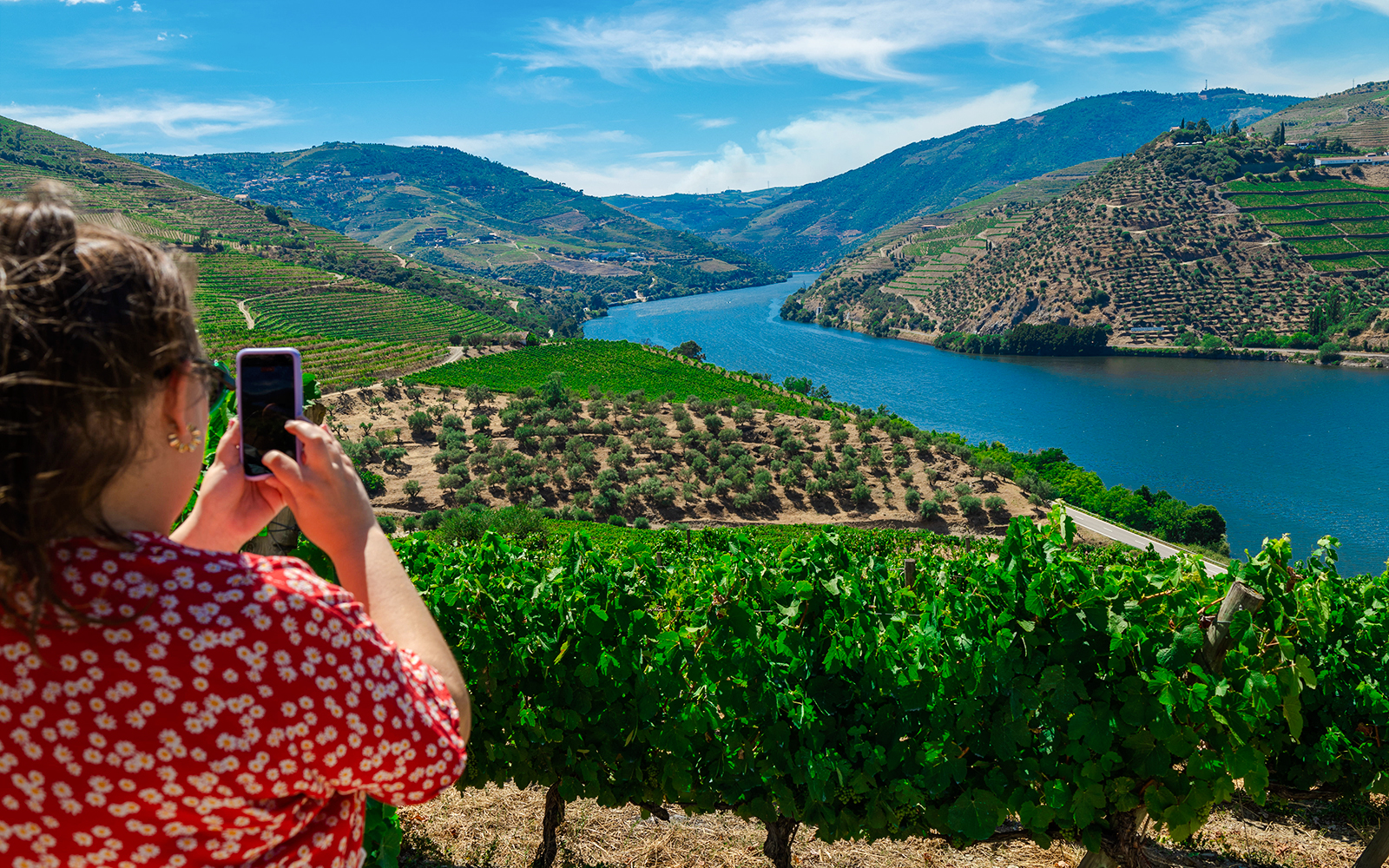 Tourist taking photo of Douro Valley vineyards and river in Portugal.