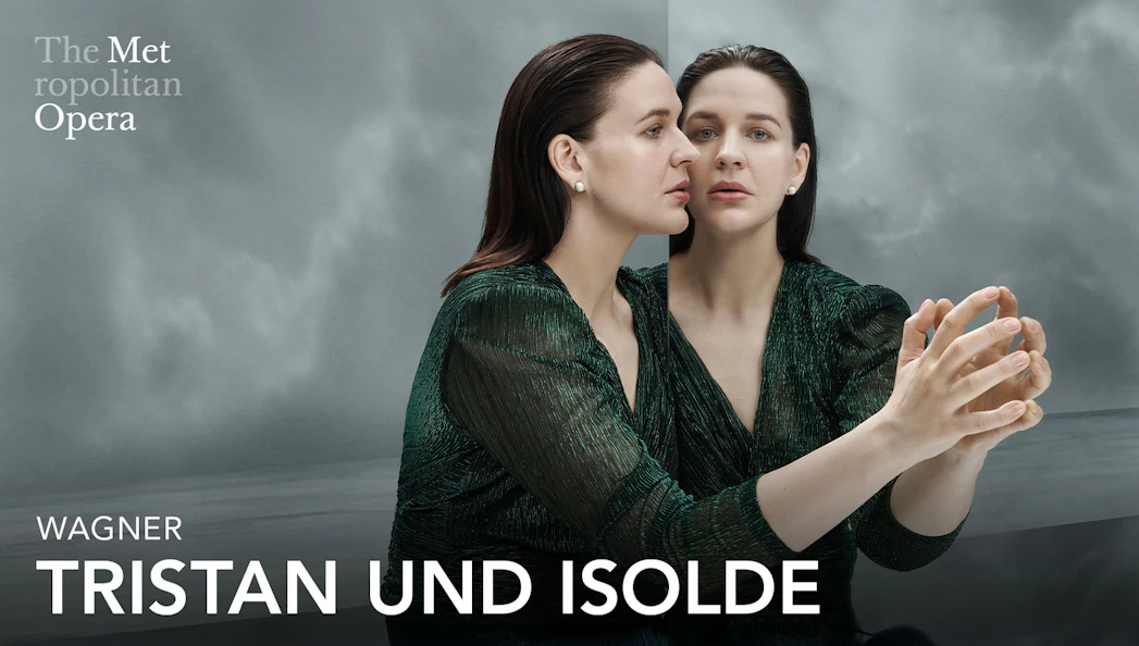 Tristan und Isolde opera poster featuring a woman in a green dress reflected in a mirror.