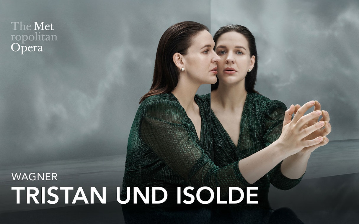 Tristan und Isolde opera poster featuring a woman in a green dress reflected in a mirror.