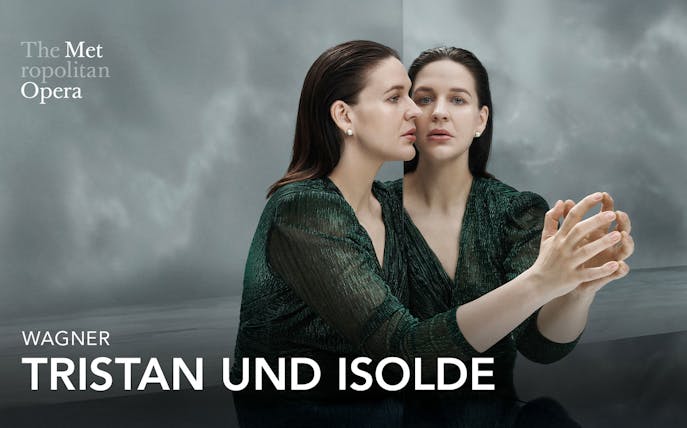 Tristan und Isolde opera poster featuring a woman in a green dress reflected in a mirror.