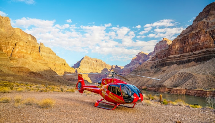 Grand Canyon West Rim helicopter tour with floor landing, aerial view from Las Vegas.