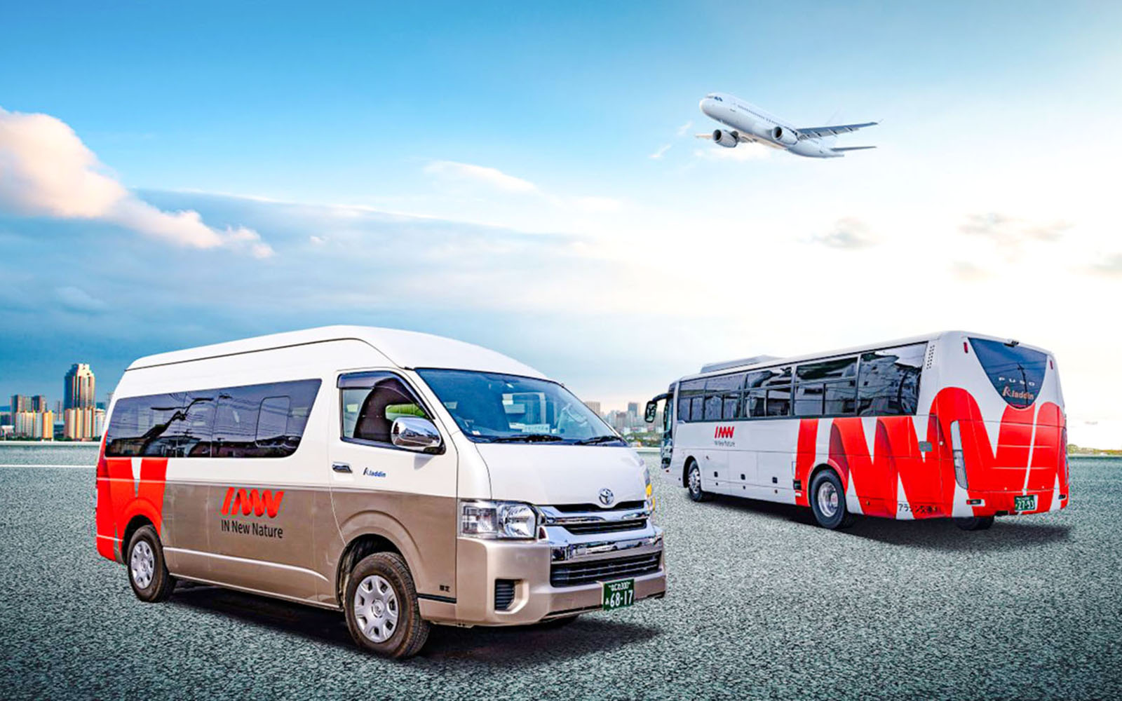 Kansai Airport shuttle van and bus with city skyline and airplane in background.