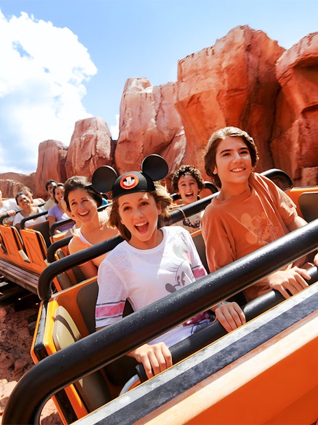 Guests enjoying a rollercoaster at Animal Kingdom Theme Park, Walt Disney World, Orlando.