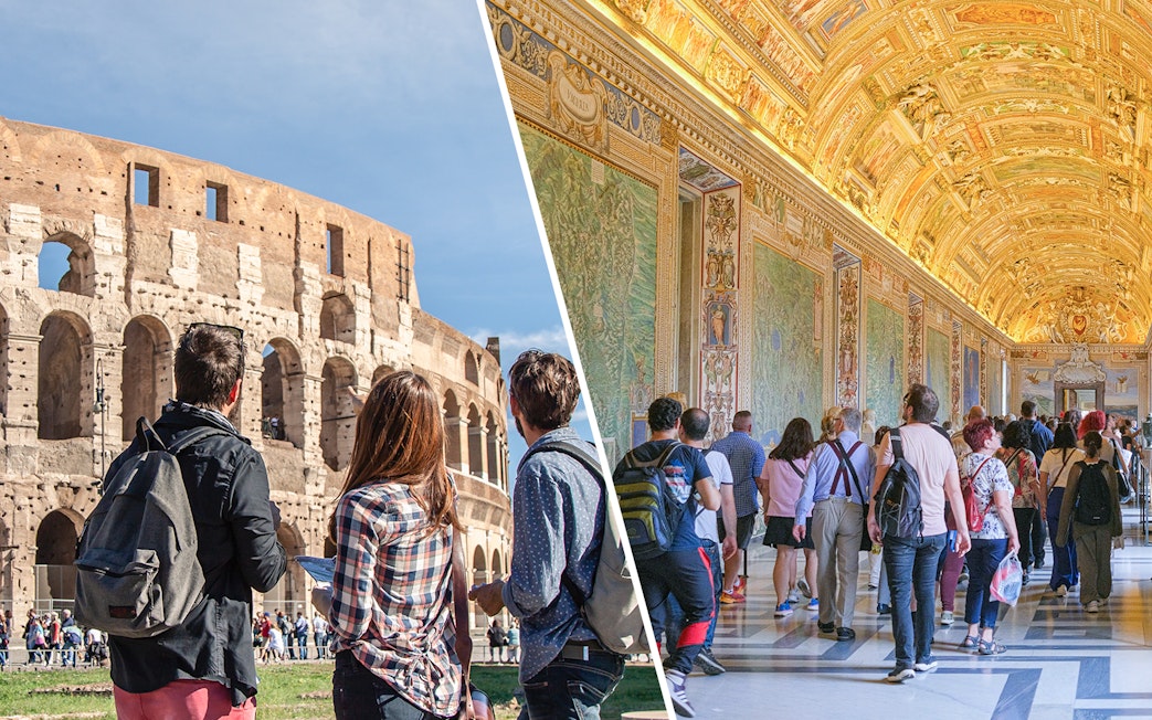 Tourists exploring the Colosseum and Vatican Museums in Rome.
