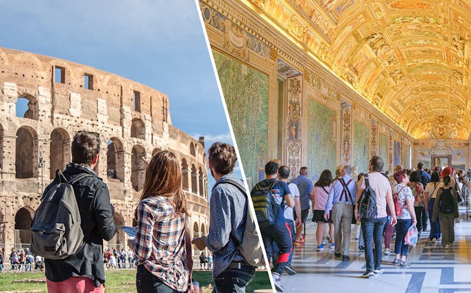 Tourists exploring the Colosseum and Vatican Museums in Rome.