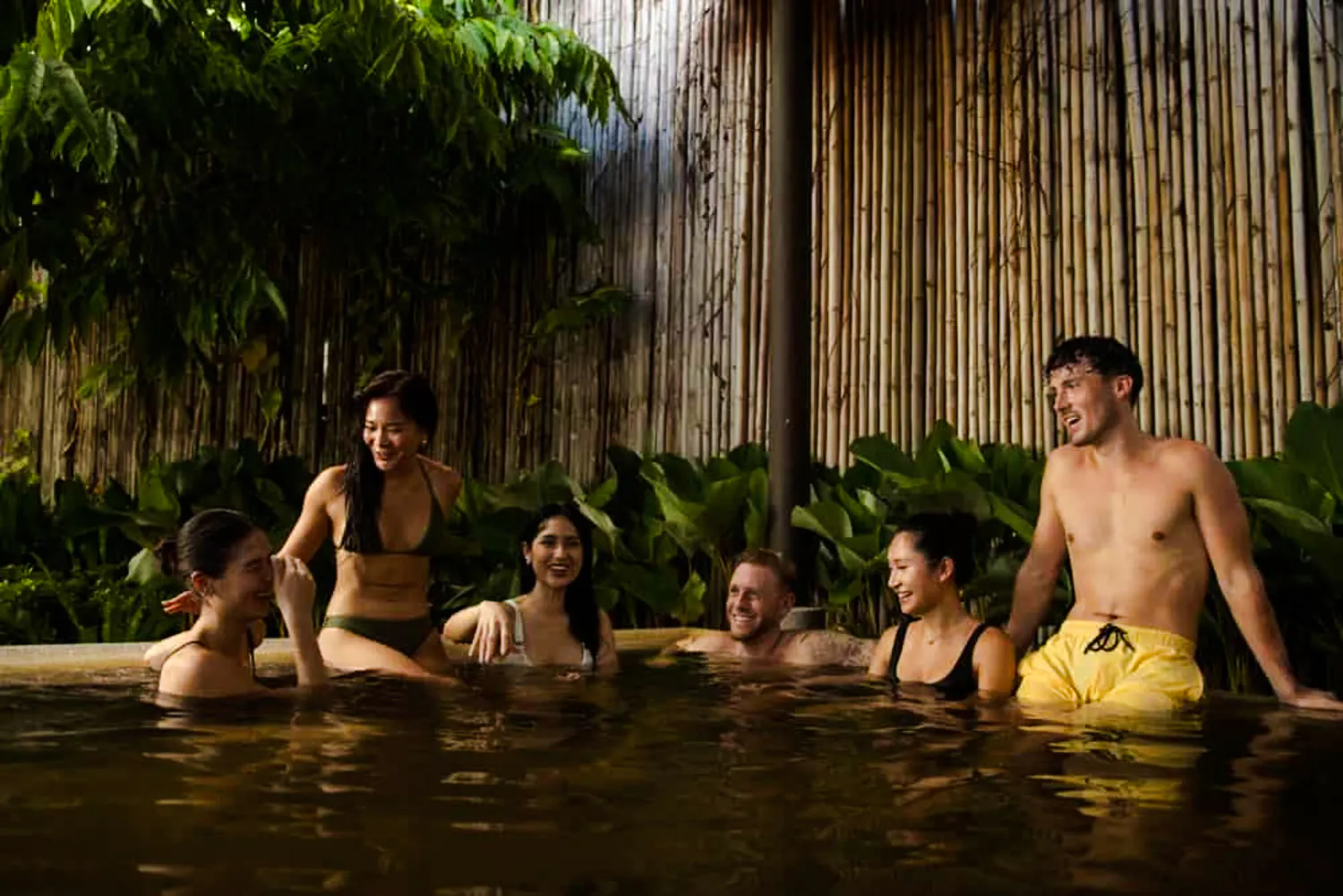 Group enjoying hot spring at Yunomori Onsen & Spa, Pattaya.