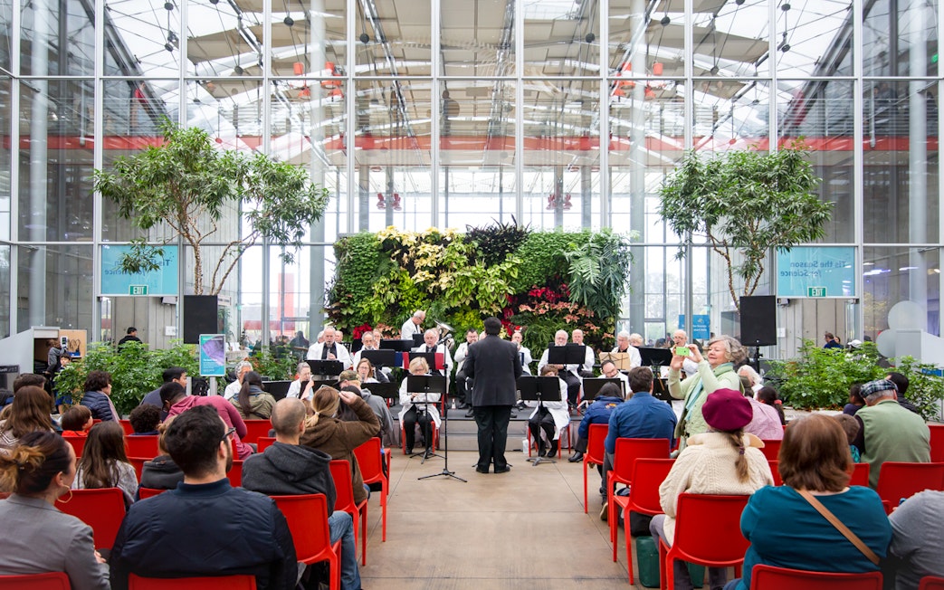 Orchestra performing at California Academy of Sciences with audience seated in red chairs.