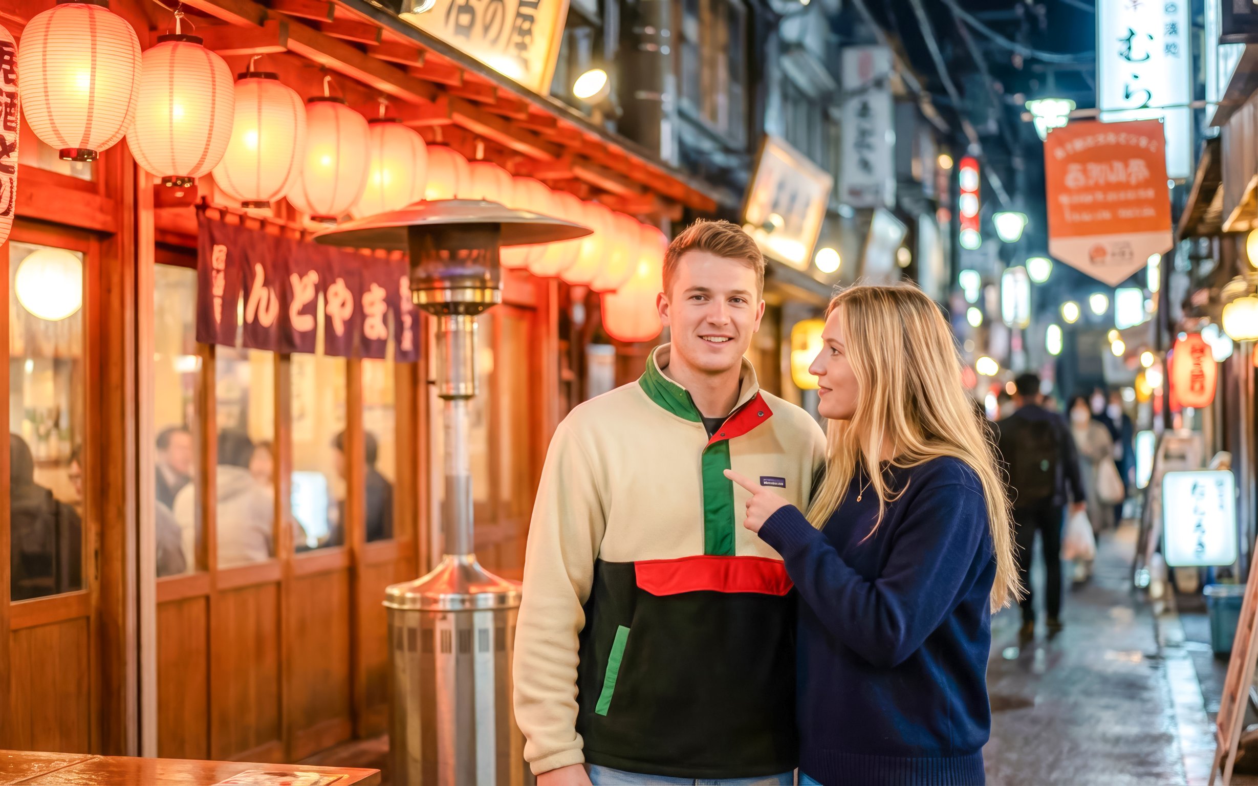 Couple exploring vibrant food stalls in Shibuya, Tokyo during a food tour.