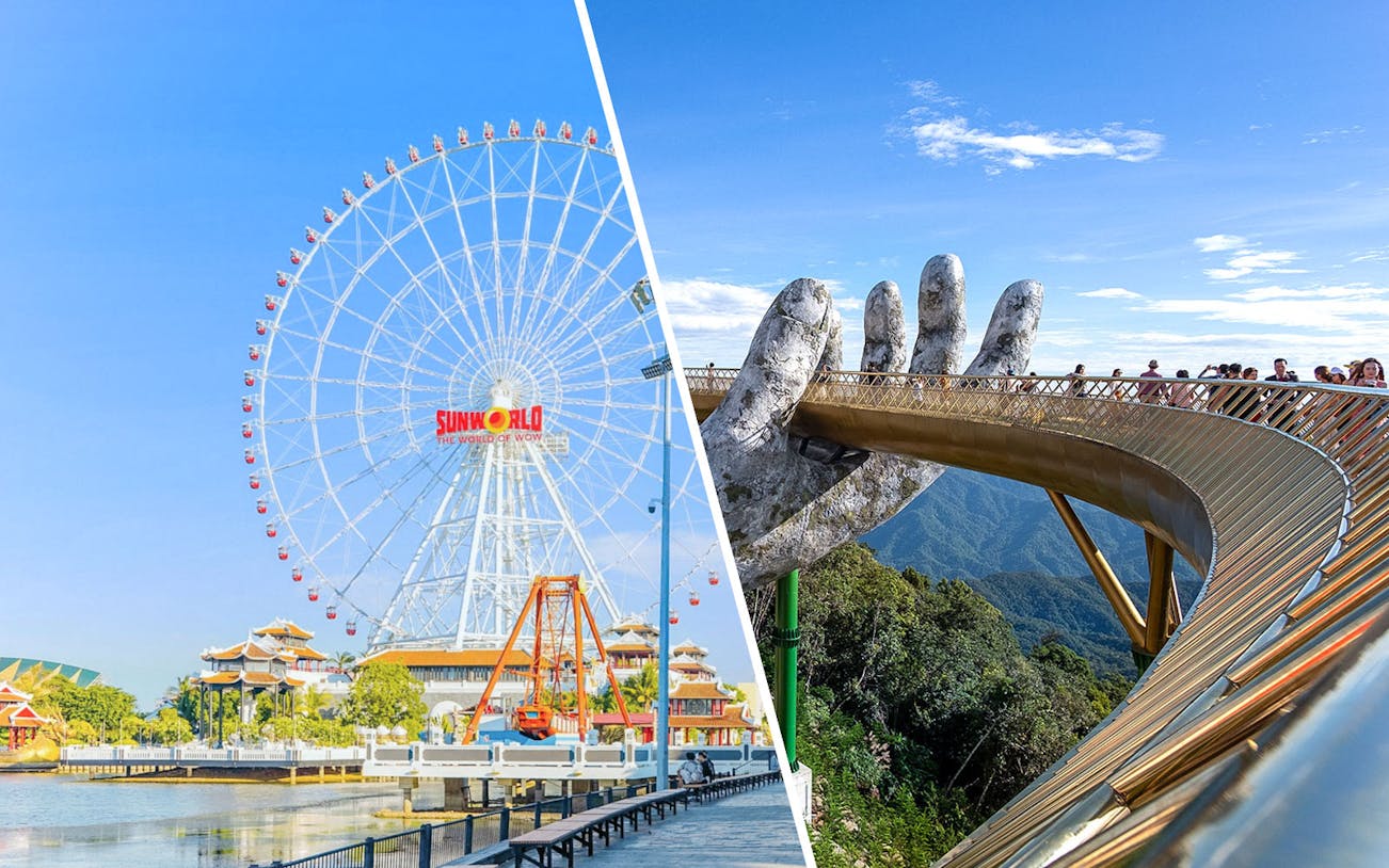 Ferris wheel at Sun World Asia Park and Golden Bridge at Sun World Ba Na Hills, Vietnam.