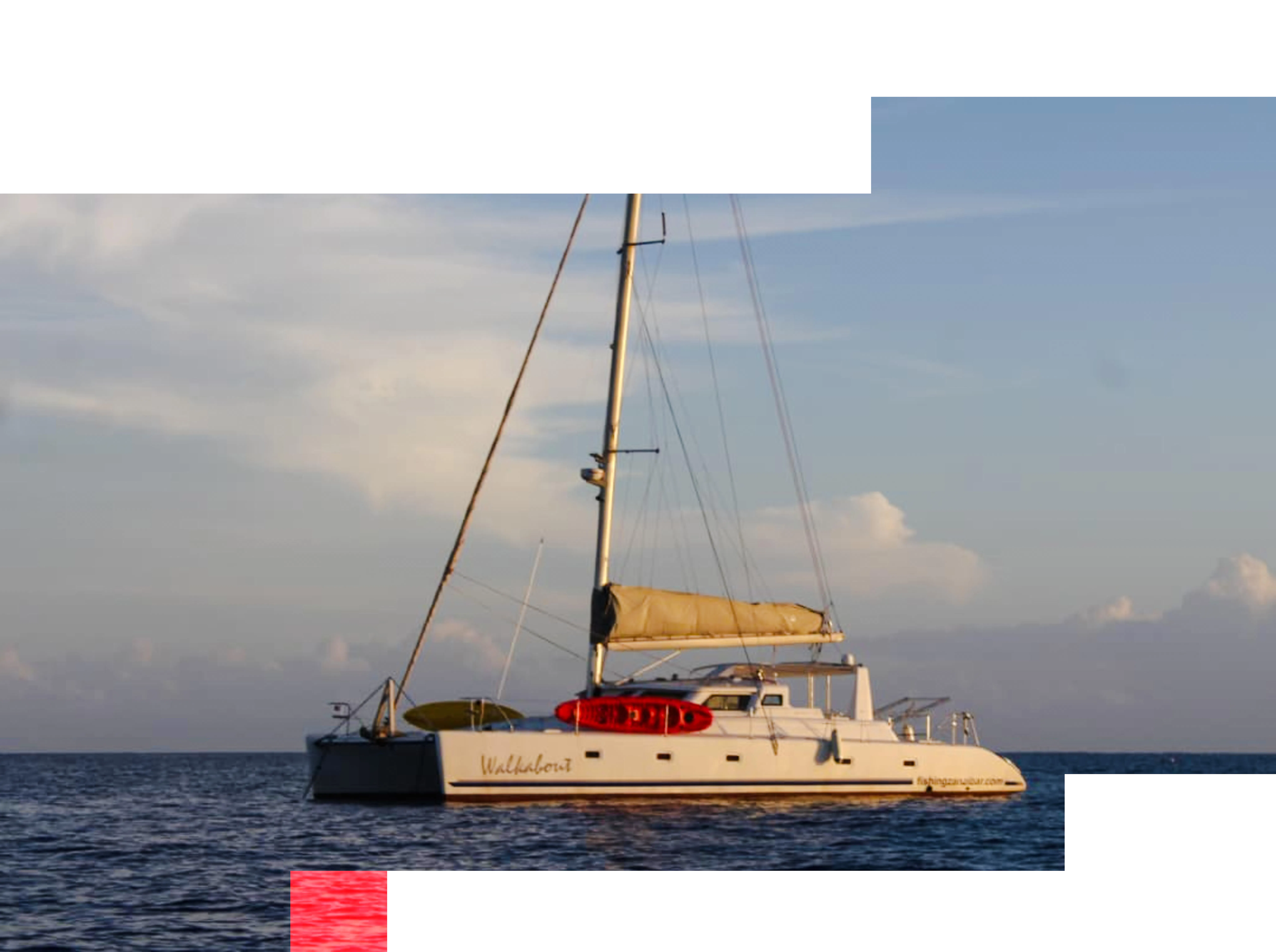 Sailing catamaran on a deep-sea fishing charter in Zanzibar waters.