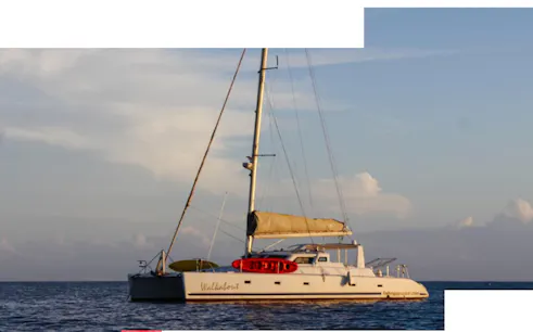 Sailing catamaran on a deep-sea fishing charter in Zanzibar waters.