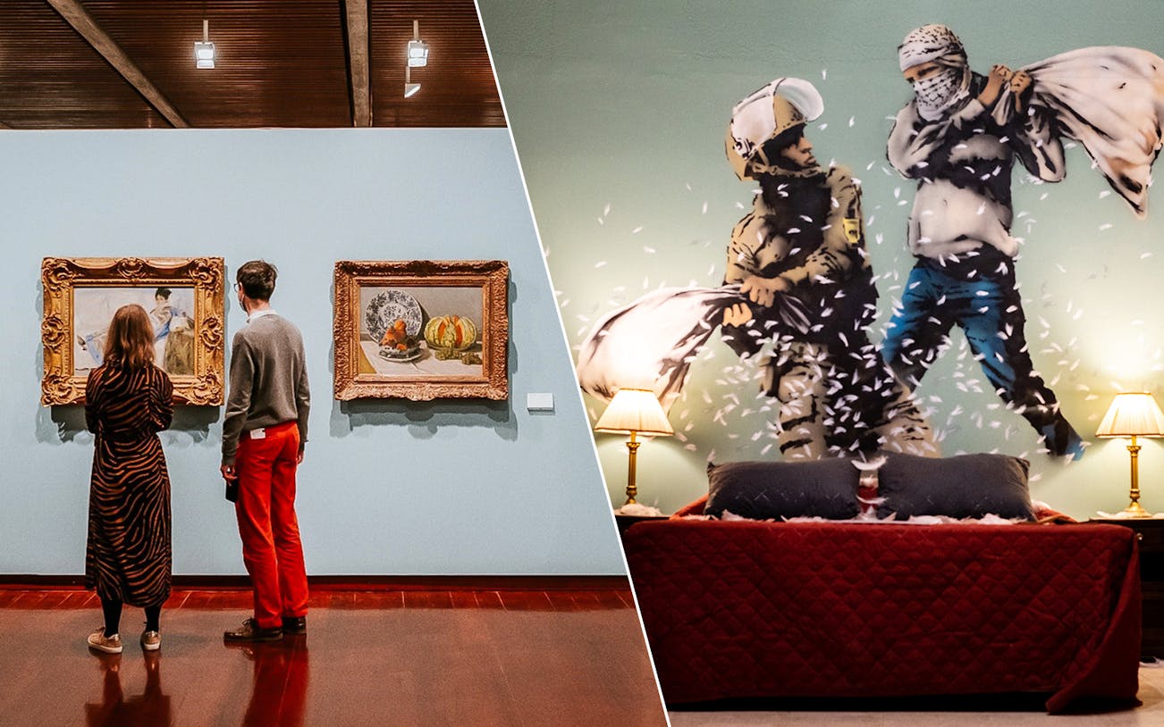 Visitors viewing art at Calouste Gulbenkian Museum and Banksy mural in immersive exhibit.