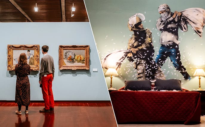 Visitors viewing art at Calouste Gulbenkian Museum and Banksy mural in immersive exhibit.