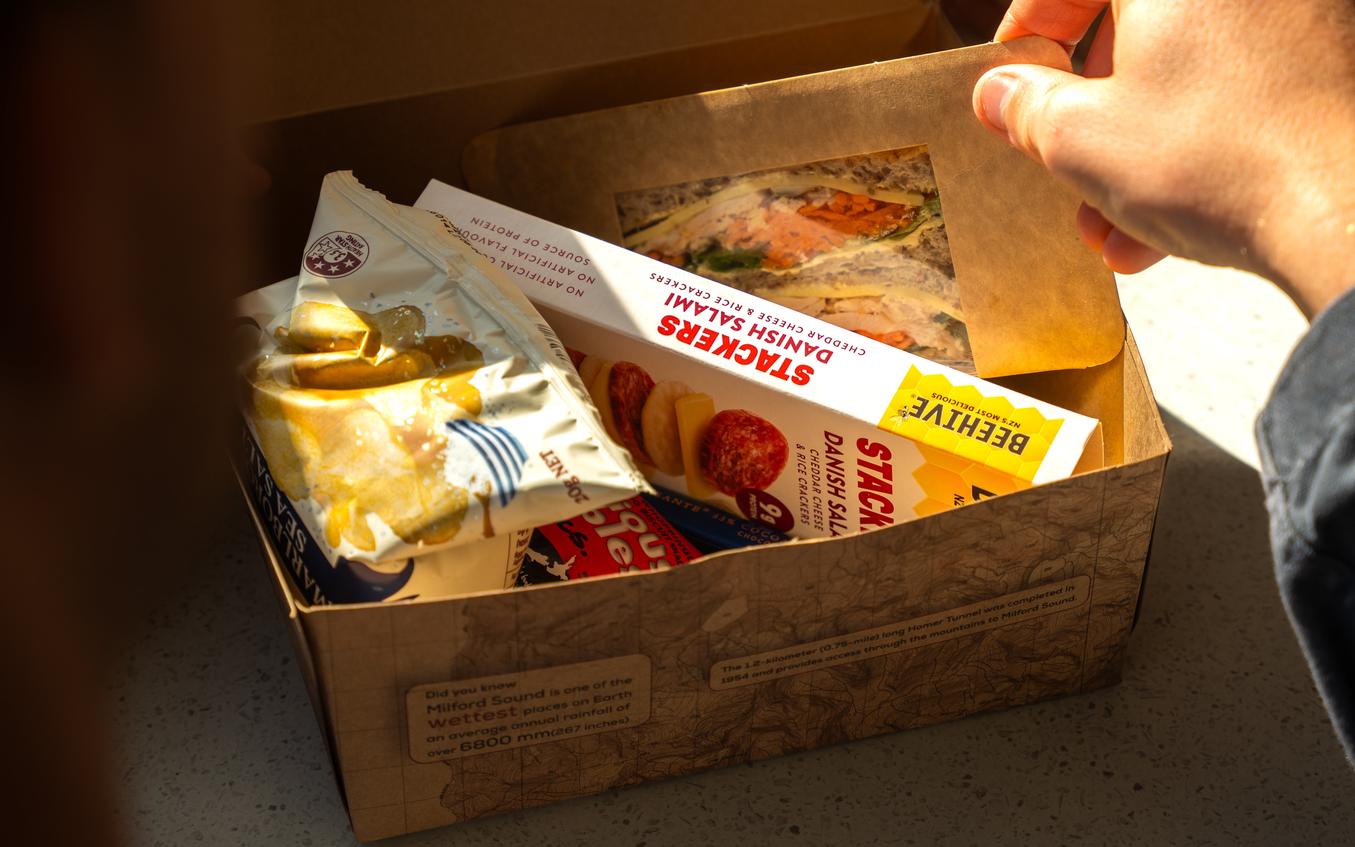 Snack box with sandwich and chips for Milford Sound Extended Cruise.