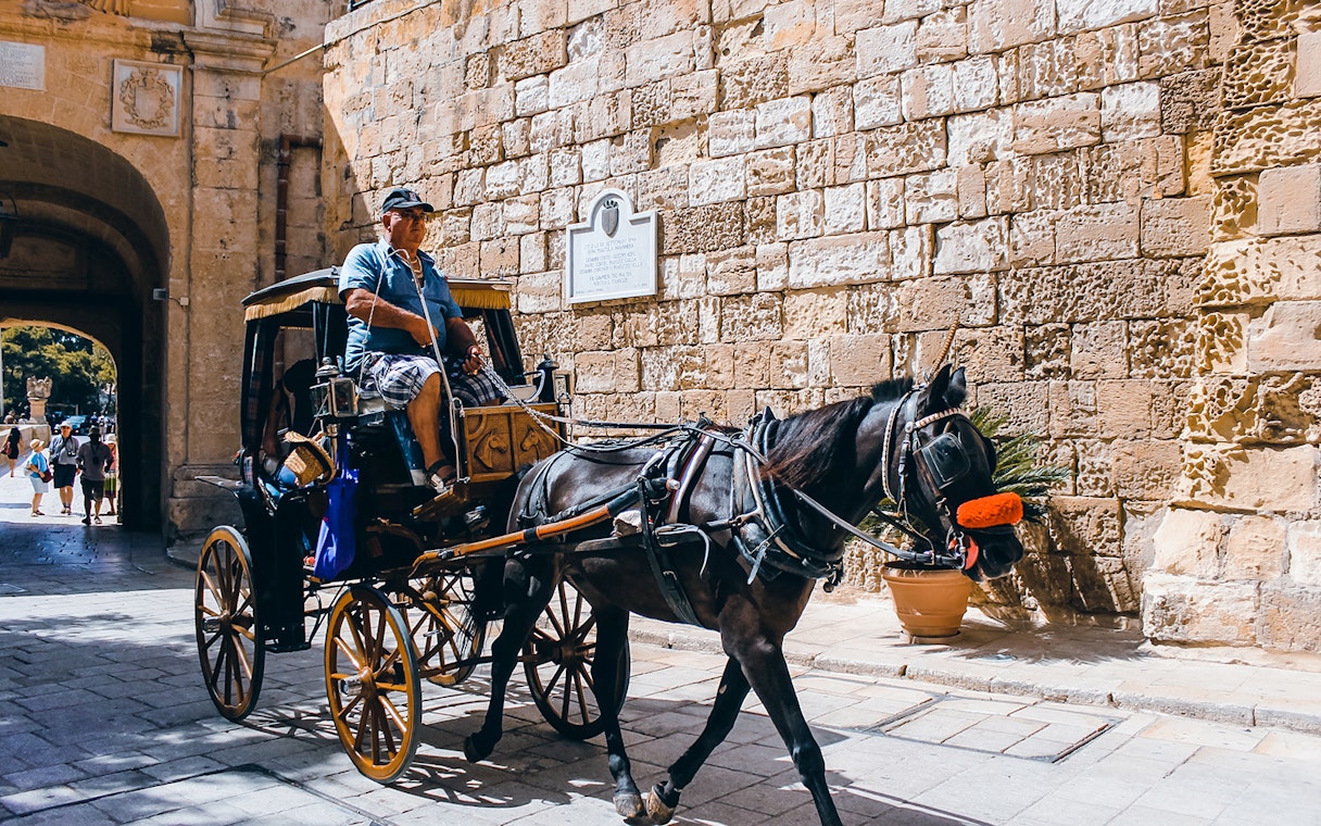 Horse-drawn carriage passing through Mdina's historic stone gate.