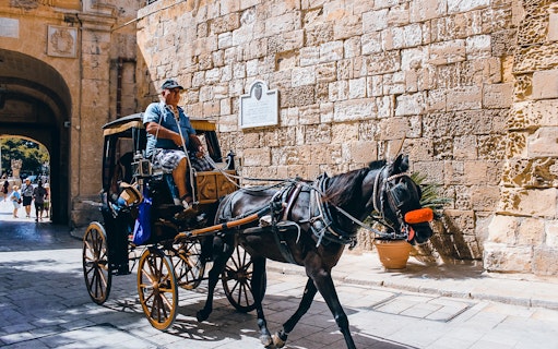 Horse-drawn carriage passing through Mdina's historic stone gate.