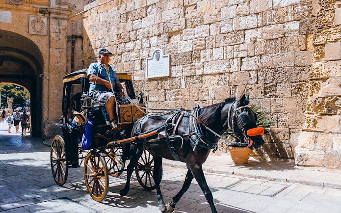 Horse-drawn carriage passing through Mdina's historic stone gate.
