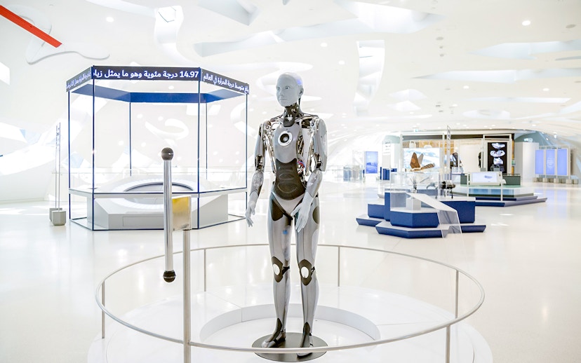 Robot exhibit inside Museum of the Future, Dubai, showcasing futuristic technology.