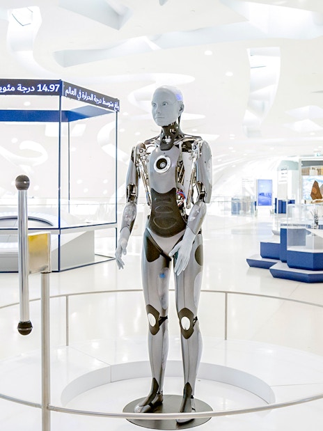 Robot exhibit inside Museum of the Future, Dubai, showcasing futuristic technology.