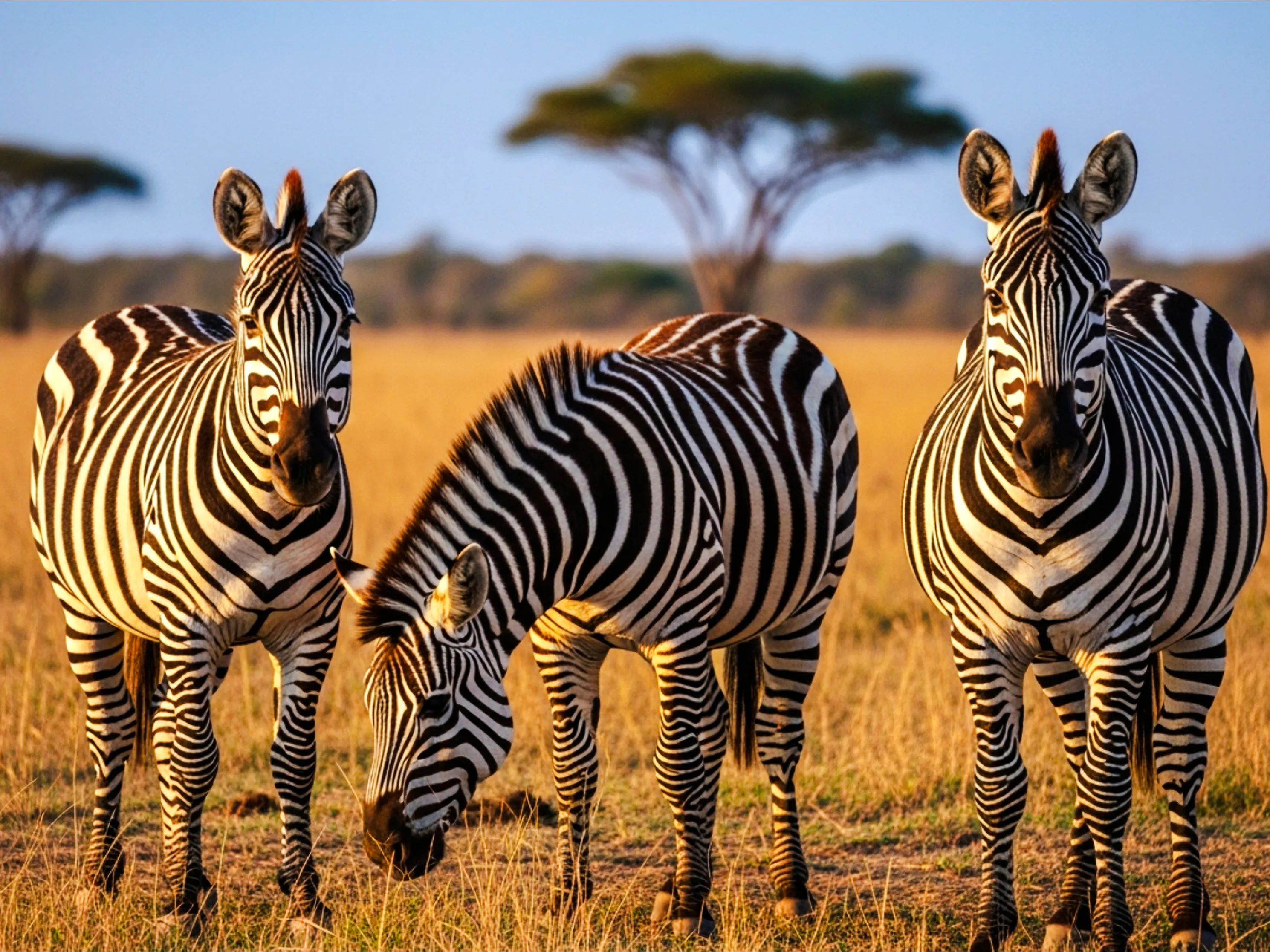 Zebras grazing in Serengeti National Park during a safari from Zanzibar.