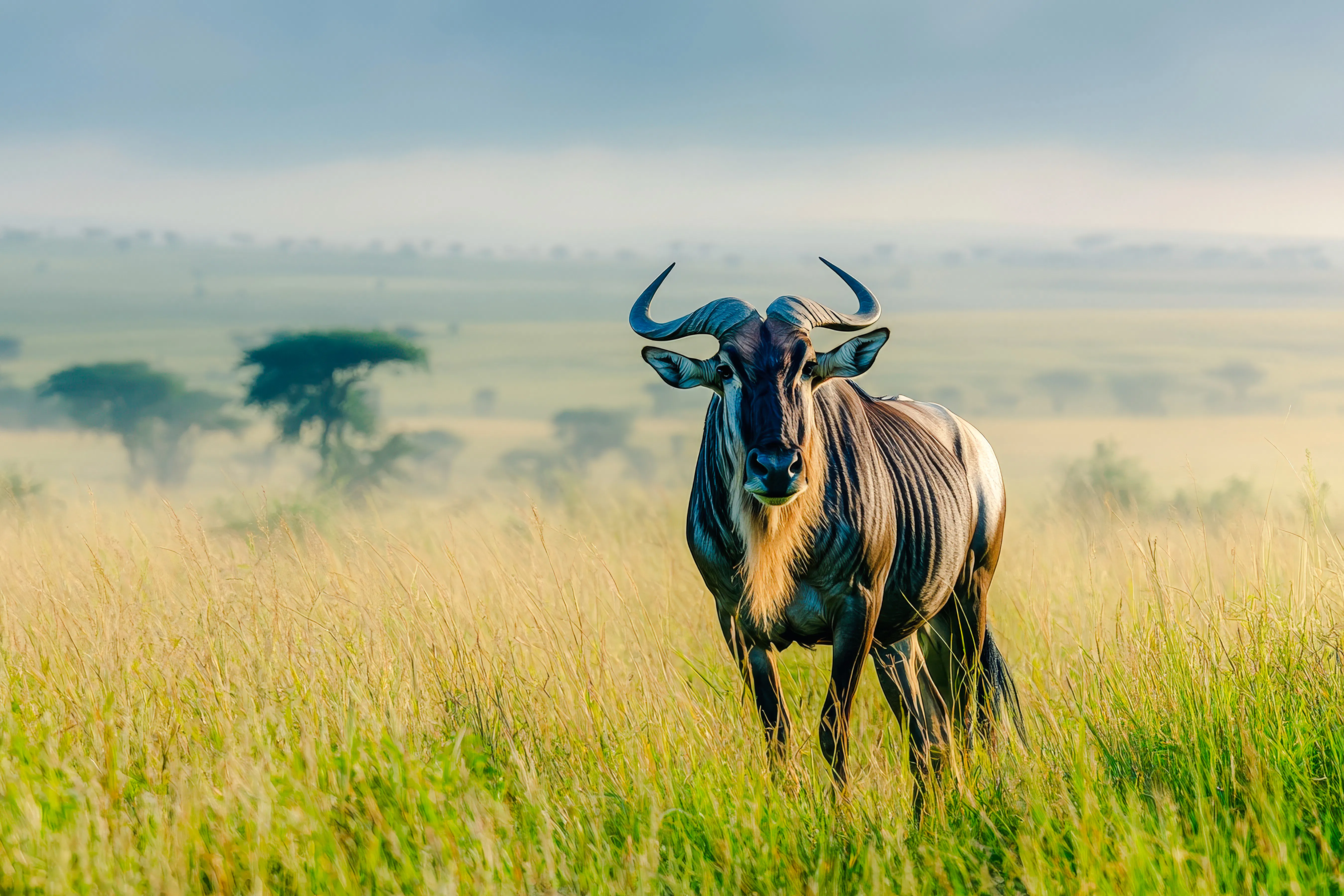Wildebeest standing in Serengeti grassland, part of Zanzibar safari tour.