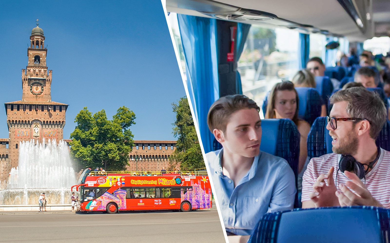 City Sightseeing bus in front of Sforza Castle, Milan, with tourists inside.