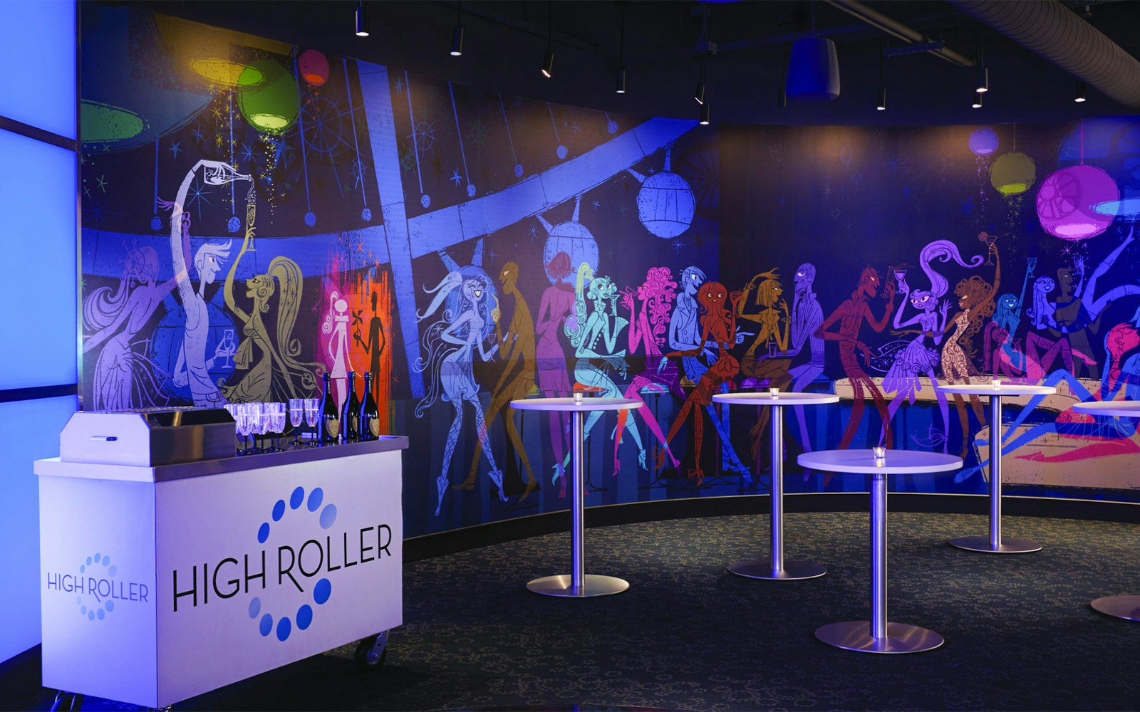 Dining area with colorful mural at Las Vegas High Roller Observation Wheel.