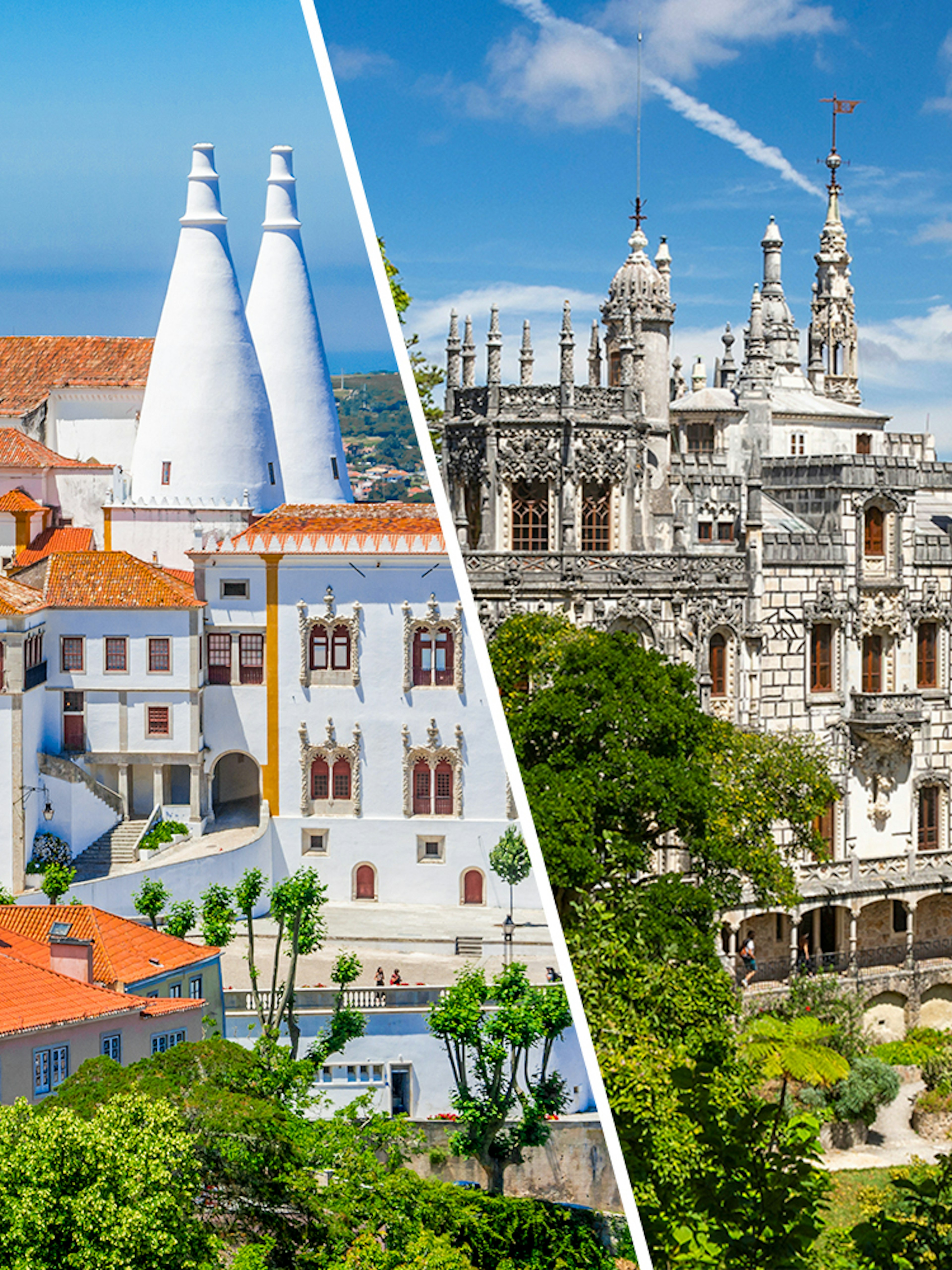National Palace of Sintra and Quinta da Regaleira in lush gardens, Sintra, Portugal.