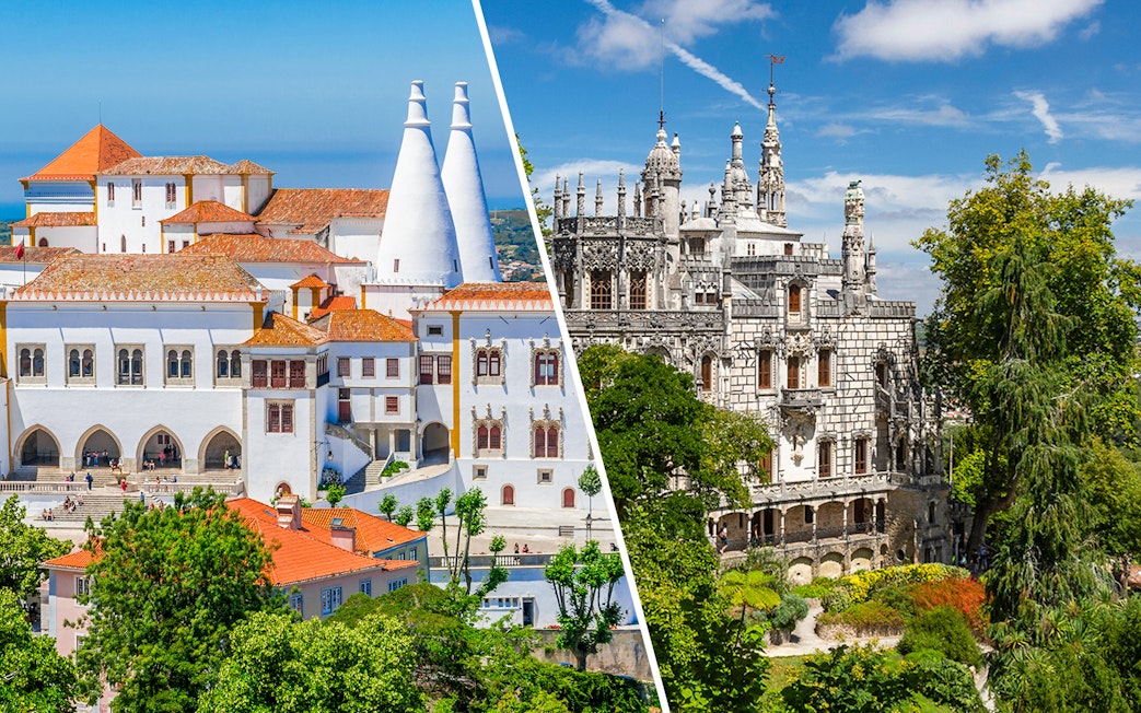 National Palace of Sintra and Quinta da Regaleira in lush gardens, Sintra, Portugal.