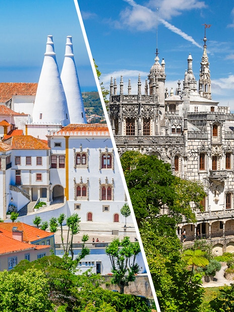 National Palace of Sintra and Quinta da Regaleira in lush gardens, Sintra, Portugal.