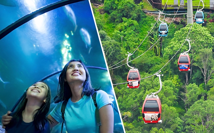 Visitors exploring Underwater World and Langkawi Cable Car ride over lush forest.