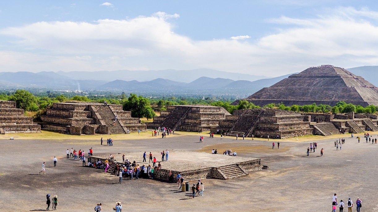 Teotihuacan's Avenue of the Dead with Pyramid of the Sun in the background, Mexico.