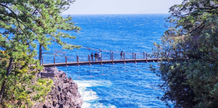 Kadowaki Suspension Bridge over blue ocean on Jogasaki Coast, Ito, Shizuoka, Japan.