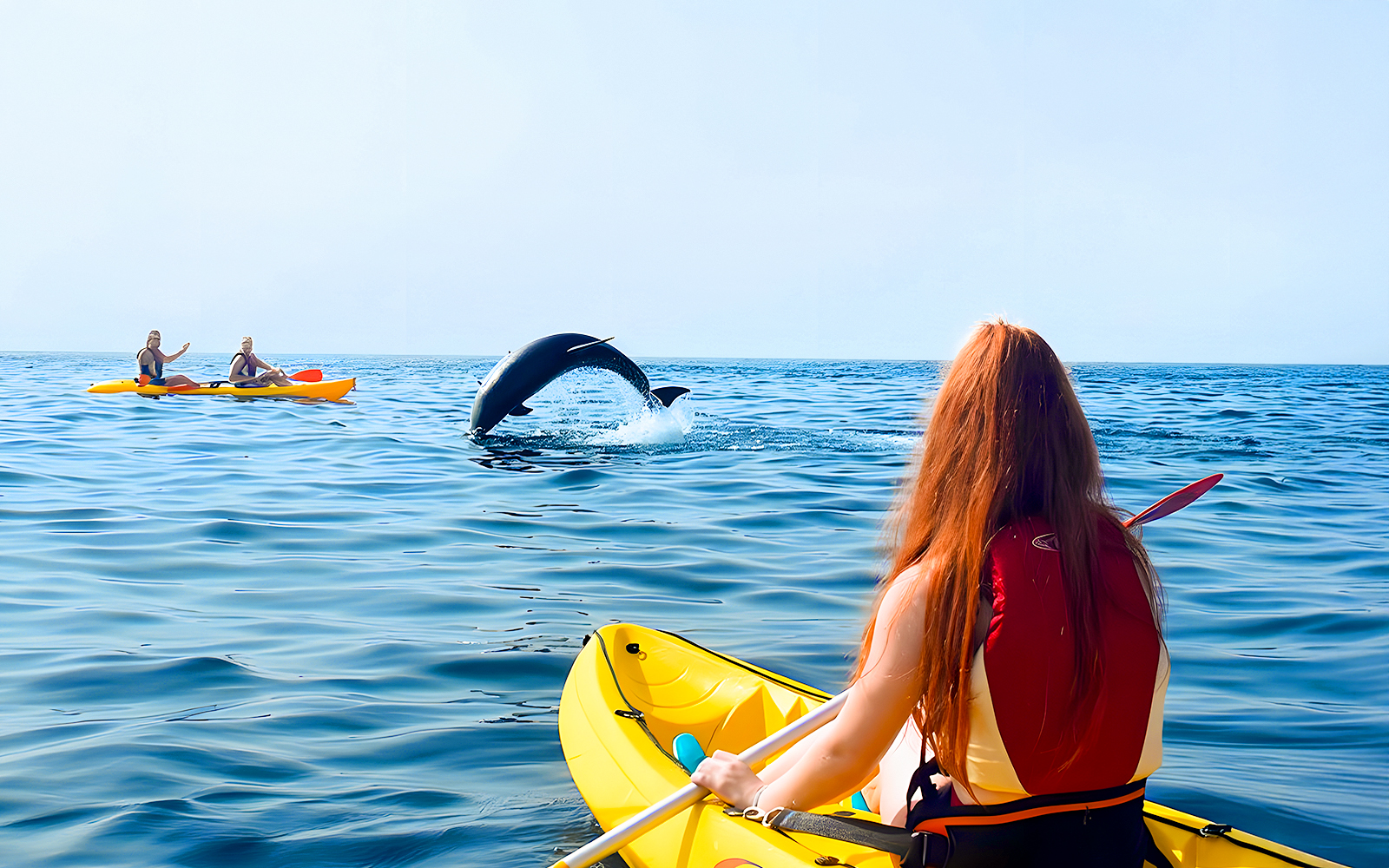 Tourists kayaking near a jumping dolphin in Tenerife waters.