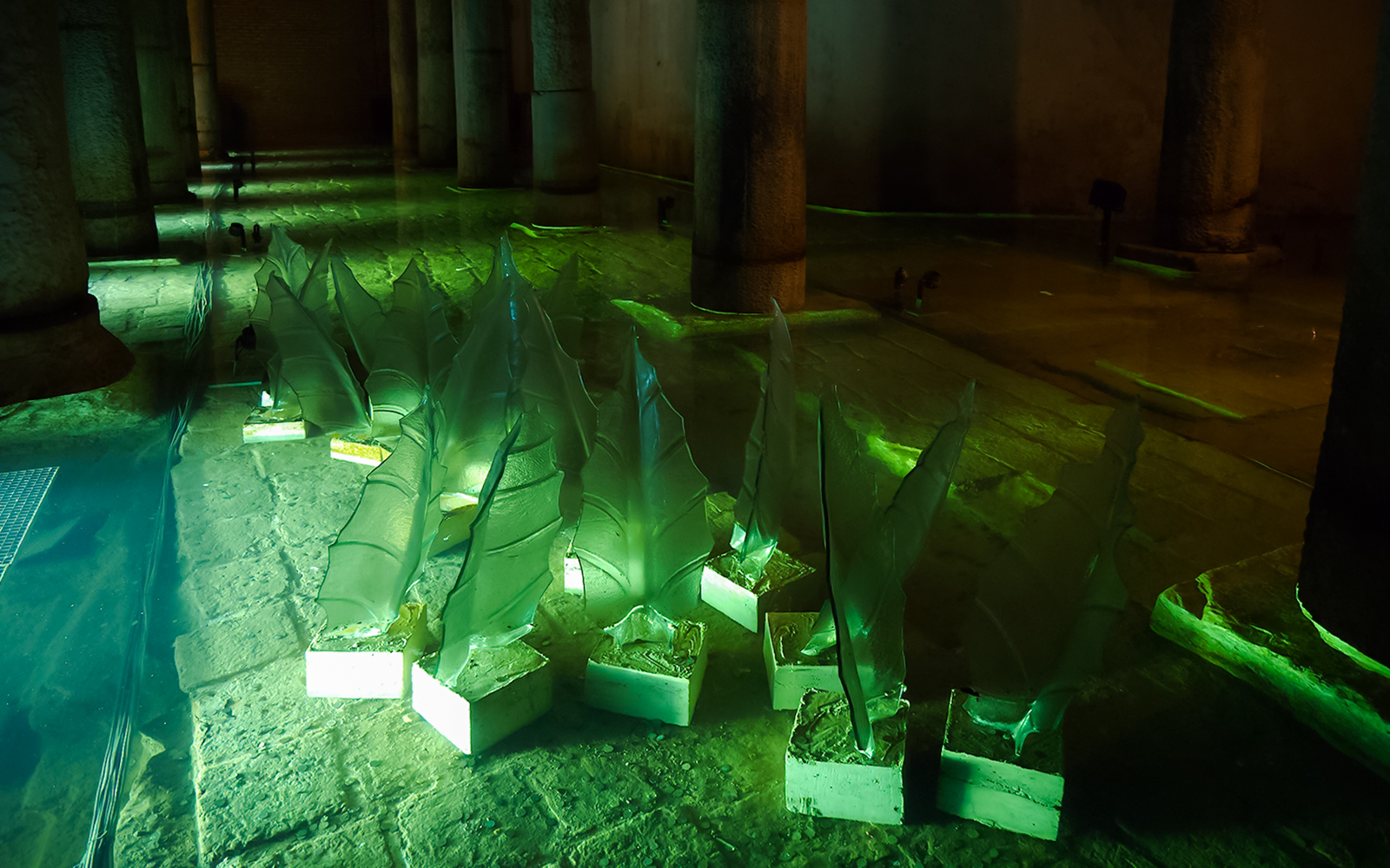 Glass sculptures illuminated in the Basilica Cistern interior, Istanbul.