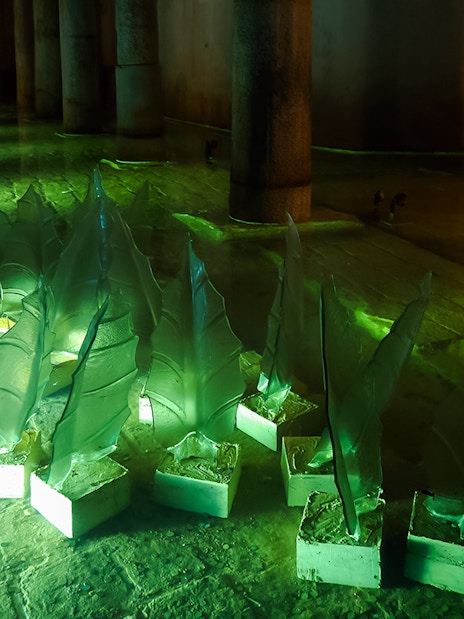 Glass sculptures illuminated in the Basilica Cistern interior, Istanbul.