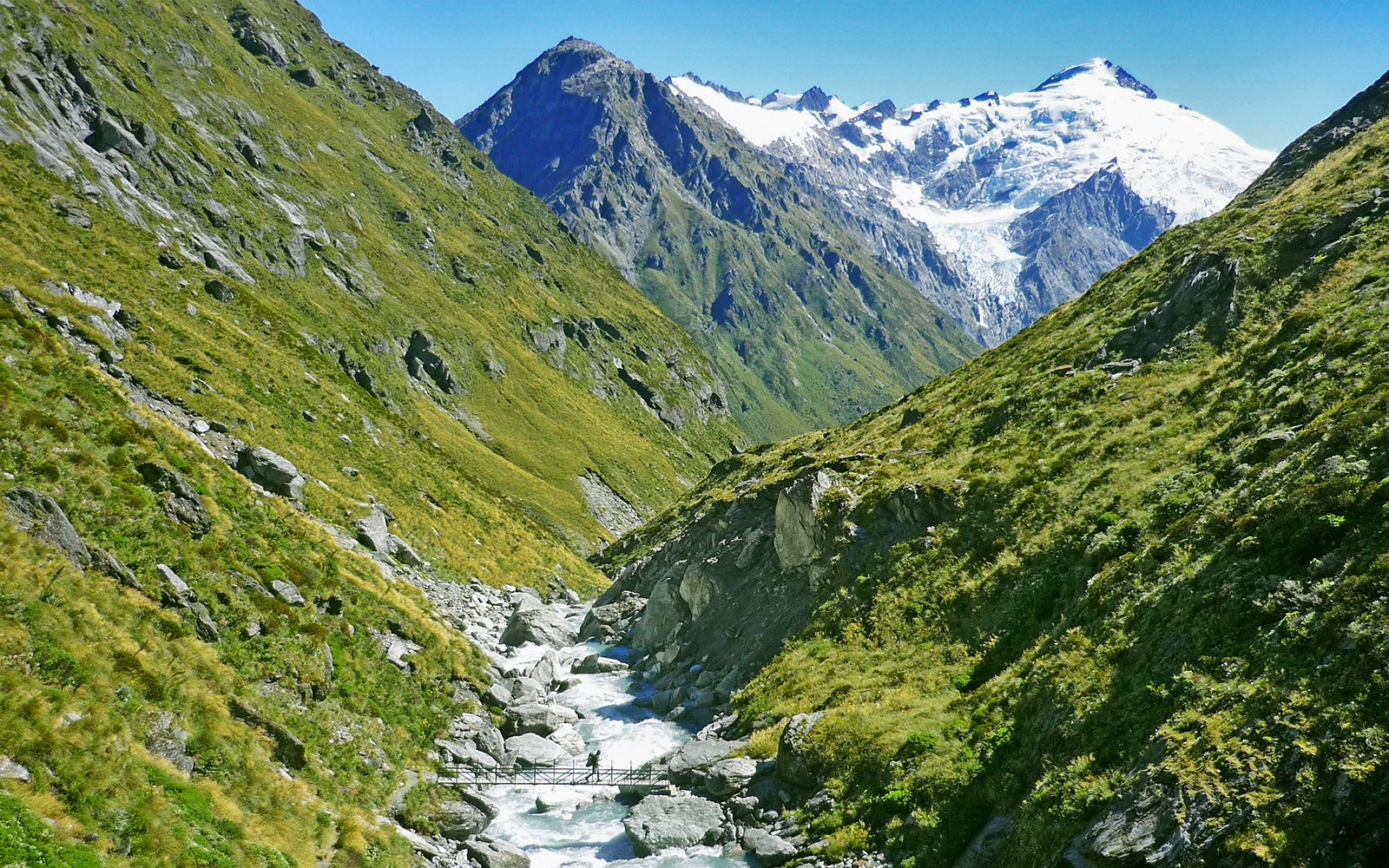 Trekker crossing a bridge over a stream between Rees and Dart River in Mt. Aspiring National Park, New Zealand.