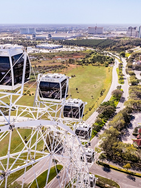 Ferris wheel cabins at ICON Park, Orlando with cityscape and greenery in the background.