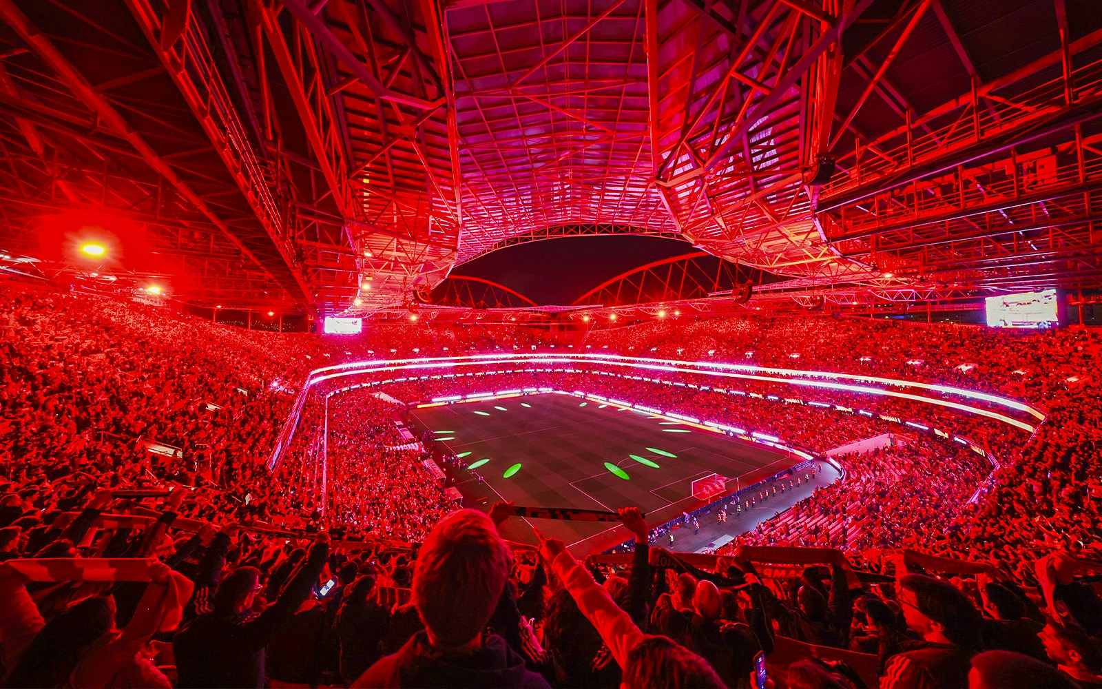Benfica Stadium illuminated in red during a match light show, Lisbon, Portugal.