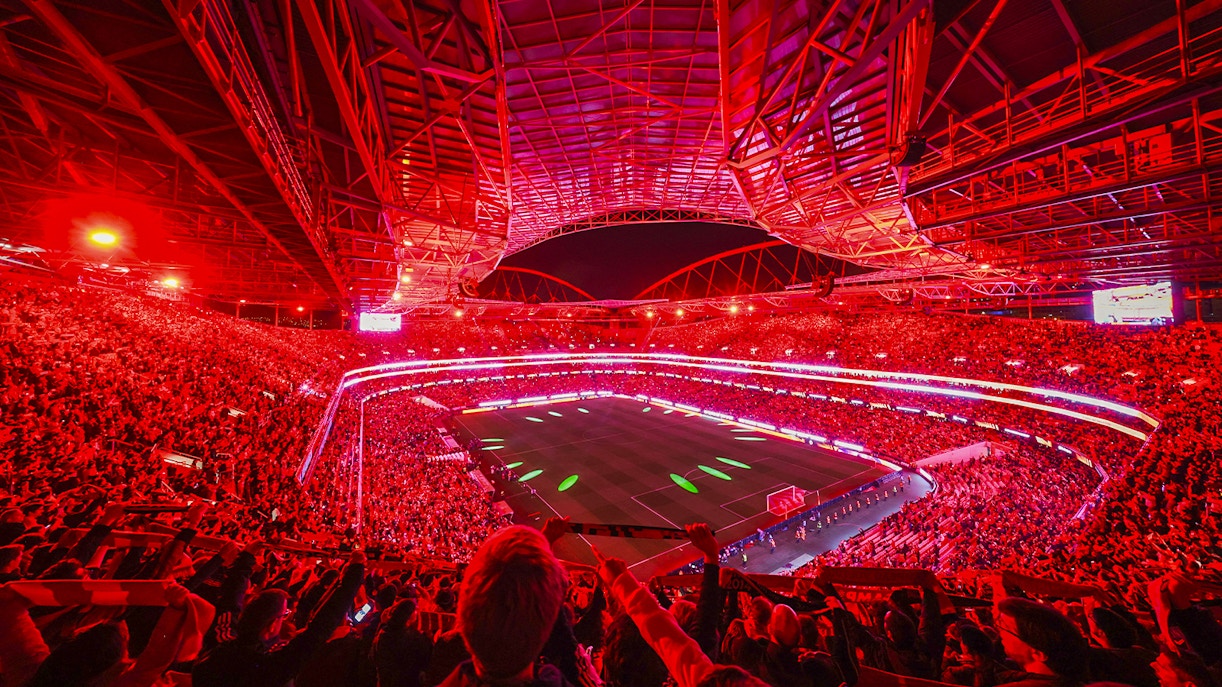 Benfica Stadium light show during a football match in Lisbon, Portugal.