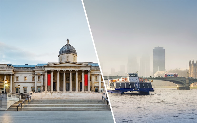 National Gallery facade and River Thames sightseeing cruise boat in London.