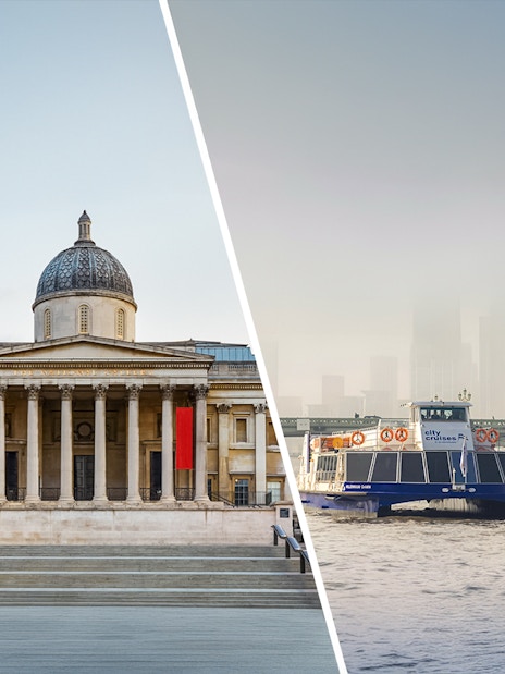 National Gallery facade and River Thames sightseeing cruise boat in London.