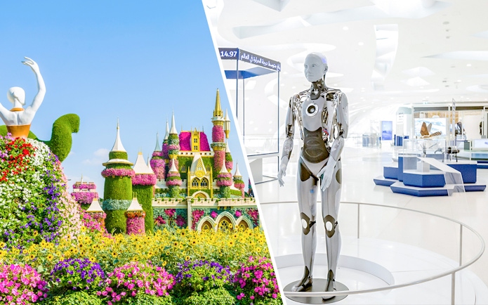 Dubai Miracle Garden floral castle and Museum of the Future robot exhibit.