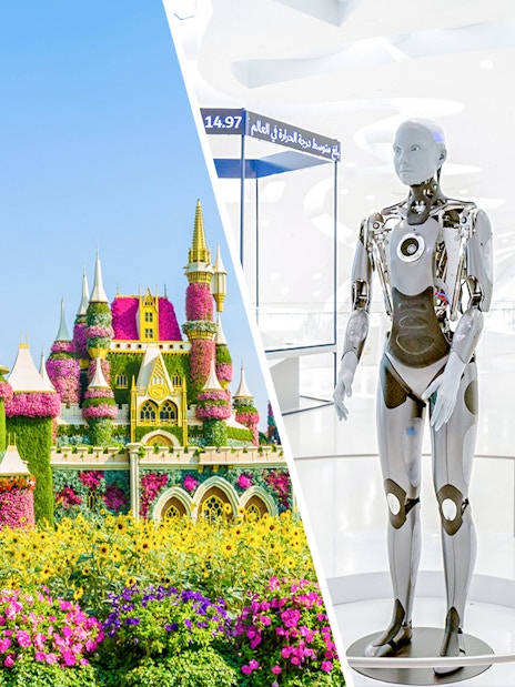 Dubai Miracle Garden floral castle and Museum of the Future robot exhibit.